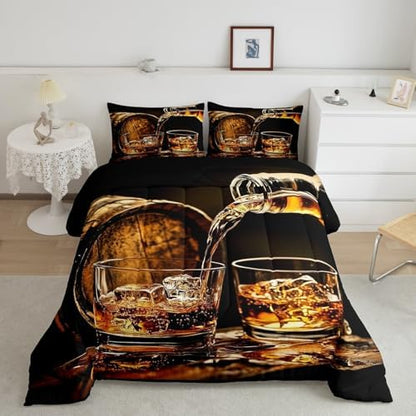 Whisky Drinks Kids Comforter Set Twin Size,Whiskey Malt Liquor Drinking Modern Bedding Set,Girls Boys Room Decor,Bar Beer Glass Quilt Comforter,Western Fashion Duvet Insert,1 Pillowcase