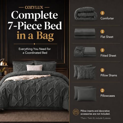 CozyLux Oversized Queen Comforter Set Dark Grey, 7 Pieces Bed in a Bag