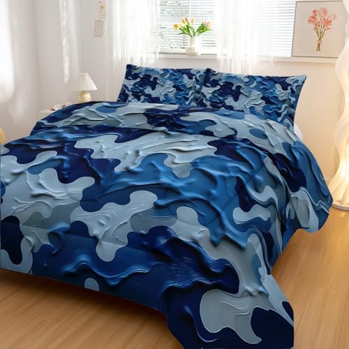 Nttopship Camouflage Bedding Set,Blue Camouflage Pattern Style Full Comforter Set for Adult Teens Camo Bed in A Bag 3 Pieces,Camo Pattern Room Decor with Comforter and 2 Pillow Case