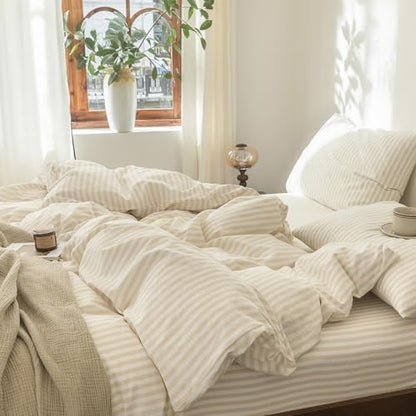 FOSSA Striped Duvet Cover Set 100% Washed Cotton Linen Feel King