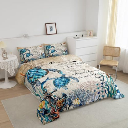 Homewish Sea Turtle Comforter Set King Size,Nautical Anchor Lighthouse Bedding Set 3Pcs for Kids Girls Boys Teens Room Decor,Ocean Animals Quilt Set Vintage Bible Quotes Duvet Insert,2 Pillowcases