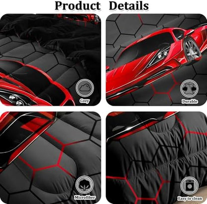 5 Pcs Race Car Twin Bedding Set for Boys, Red Sports Car Twin Boys Comforter Set with Sheets