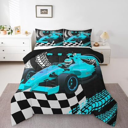 Go Kart Toddler Race Car Bed for Boys,Black and White Buffalo Checkered Drift Kart Queen Comforter Set Toddler Bedding Set,Square Grid Plaid Lattice Quilt,Teal Karting Extreme Sport Duvet Insert