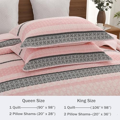 Homzard Quilts Queen Size, Cotton Comforter Set, Light Pink and Grey Queen Bed Set, Lightweight Striped Bedding, Farmhouse Bedspread All Season 3 Pieces