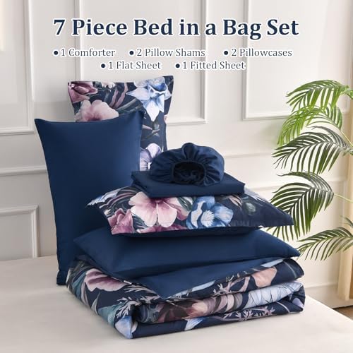 Luxudecor Floral Comforter Set King Size 7 Piece, Navy Flower Bed in a Bag, Elegant Comforter Bedding Set for All Season (Navy, 104"x90")