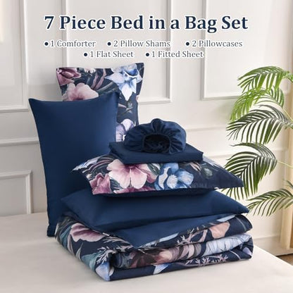 Luxudecor Floral Comforter Set Queen Size 7 Piece, Navy Flower Bed in a Bag, Elegant Floral Comforter with Sheet Set, Soft Microfiber Bedding Set for All Season (Navy, 90"x90")