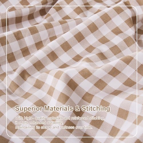 Gingham King Sheet Set, Lightweight Super Soft Brushed Microfiber Plaid Bed Sheets with 16" Deep Pocket, 4 Piece Ruffle Farmhouse Bedroom Decor, Taupe