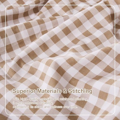Gingham Queen Sheet Set, Lightweight Super Soft Brushed Microfiber Plaid Bed Sheets with 16" Deep Pocket, 4 Piece Ruffle Farmhouse Bedroom Decor, Taupe