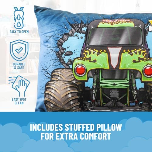 Jay Franco Kids Slumber Bag and Pillow - 54 x 27 Inch Comfy Indoor Sleeping Bag for School and Sleepovers, 2 Piece Set, Blue - Monster Jam