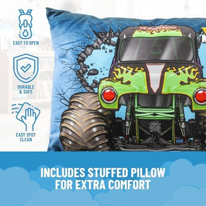 Jay Franco Kids Slumber Bag and Pillow - 54 x 27 Inch Comfy Indoor Sleeping Bag for School and Sleepovers, 2 Piece Set, Blue - Monster Jam