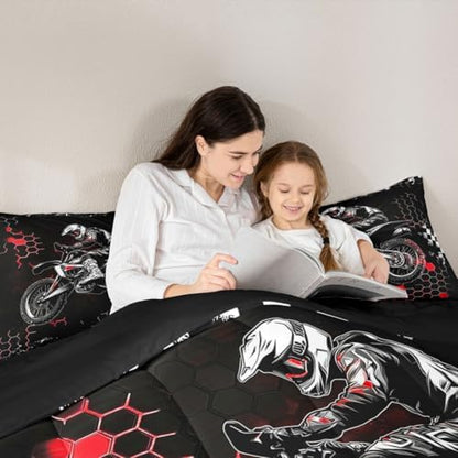 Castle Fairy Dirt Bike Twin Size Comforter Set for All Seasons,Extreme Sports Racing Car Bedding Set Teens Bedroom Decor,Red Geometric Honeycomb Comforter Inner Fill with 1 Pillowcase