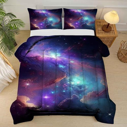 Purple Galaxy Bedding Set Full Size Outer Space Comforter Set for Girls Teens Kids Women Boys Starry Nebula Blue Glitter Quilt 1 Comforter + 2 Pillow Cases