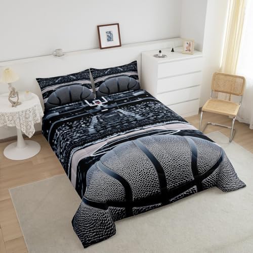 Castle Fairy 3D Basketball Bedding Set Queen Size Modern Basketball Gym Comforter Set for Kids Boys Bedroom Decor Sports Competition Theme Soft Duvet Insert Cool Ball Games Down Comforter Set,3Pcs