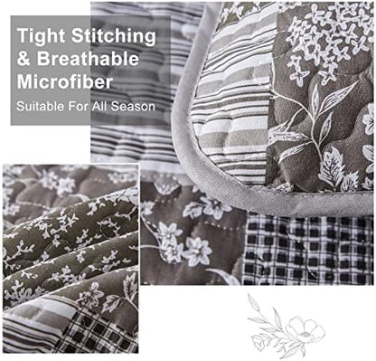 Mybedsoul Grey Boho Quilt King Size, Patchwork Floral Bedding Set