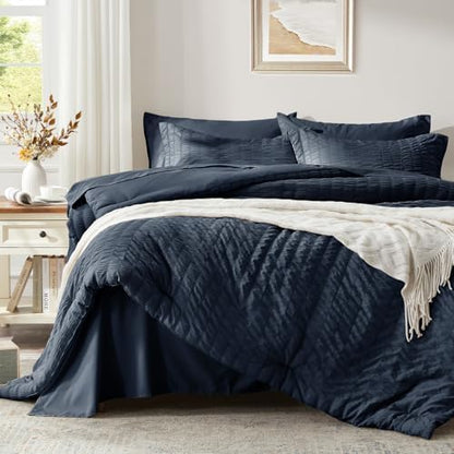 Twin Comforter Set 5 Piece, Navy Blue Bed in a Bag Twin Size Bedding Sets