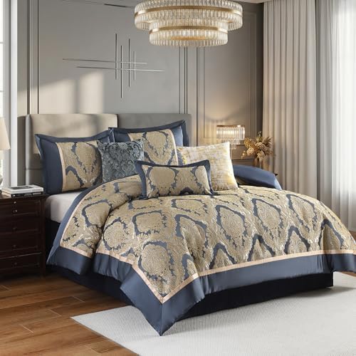Bedduvit Luxury 7 Piece King Comforter Set - Vintage Damask Jacquard Design Bed in Bag King, All Season Navy Blue and Gold Down Alternative Thick Bedding Set with Bed Skirt, Decorative Pillows, Shams