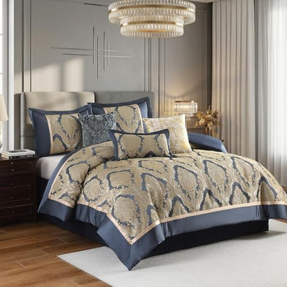 Bedduvit Luxury 7 Piece King Comforter Set - Vintage Damask Jacquard Design Bed in Bag King, All Season Navy Blue and Gold Down Alternative Thick Bedding Set with Bed Skirt, Decorative Pillows, Shams