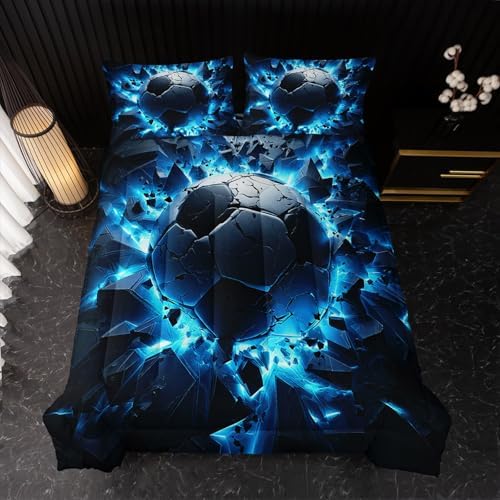 Nttopship Soccer Bedding Comforter Set Full Size for Kids Teens and Adults, Blue Black Football Printed Bedding Sets 3 PCS,Ball Sports Themed Bedroom Decor with 1 Comforter and 2 Pillowcases