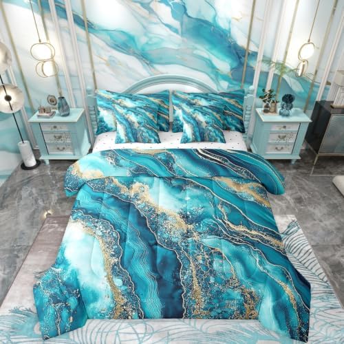 Erosebridal Teal Tie Dye Bedding Set for Kids Teens,Gradient Marble Texture Comforter Set Full Size,Abstract Art (Comforter+Fitted+Flat Sheet+2 Pillowcases+2 Throw Pillow Covers) 7 Pieces Bed Set