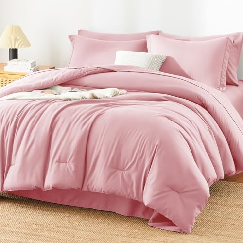 HIMEET King Comforter Set, 7-Piece Point-Quilted Bed in a Bag, Pink
