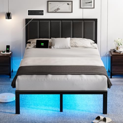 OLEVS Full Bed Frame with Headboard, Smart LED & Charging Station