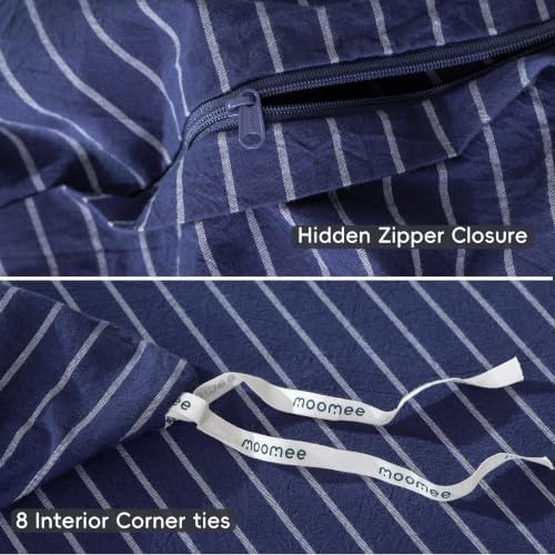MooMee Striped Duvet Cover Set 100% Washed Cotton Linen Like King