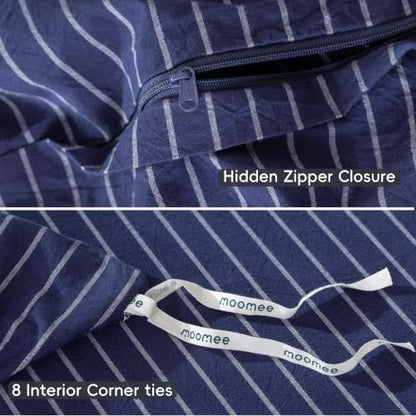 MooMee Striped Duvet Cover Set 100% Washed Cotton Linen Like King
