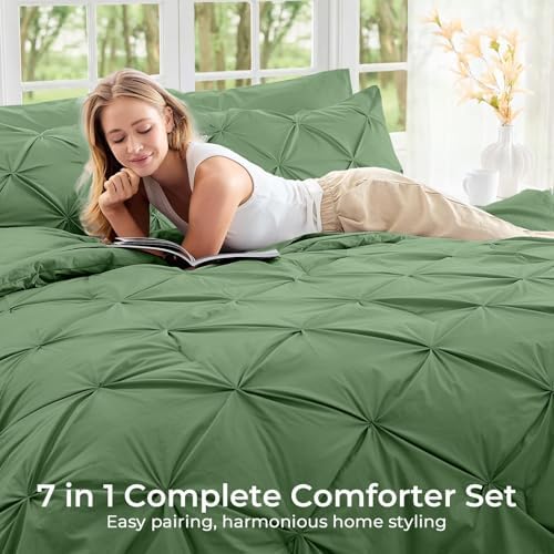 Sasttie King Size Comforter Set, 7-Piece Bed in a Bag, Pintuck Bedding Set for All Season, Includes Comforter, Flat Sheet, Fitted Sheet, Pillowcases and Pillowshams, Green