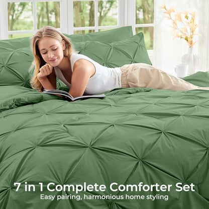 Sasttie King Size Comforter Set, 7-Piece Bed in a Bag, Pintuck Bedding Set for All Season, Includes Comforter, Flat Sheet, Fitted Sheet, Pillowcases and Pillowshams, Green