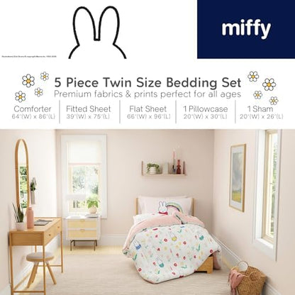 Miffy Bedding 5 Piece Super Soft Cozy Reversible Comforter and Sheet Set with Sham, Twin, (Officially Licensed Product) by Franco