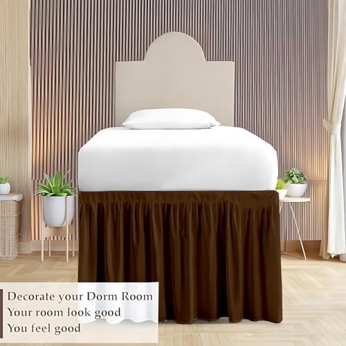 Dorm Bed Skirt Twin XL 38 Inch Drop, Easy to Install Extra Long Wrap Around Elastic Dust Ruffle, Bedskirt Solid Silky Fabric Machine Washable, Ruffled College Dorm Room Chocolate