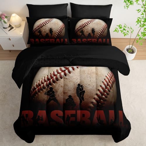 7pcs Baseball Comforter Set 3D Sports Themed Printed Bedding Set with 1 Comforter, 1 Flat Sheet, 1 Fitted Sheet and 4 Pillowcases for Boys and Girls Bedroom (Baseball King