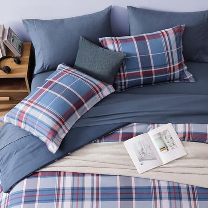 Plaid Queen Comforter Set Navy Red 7 Pieces Farmhouse Bed in a Bag