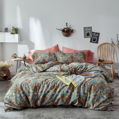 Vintage Style Boho Floral Duvet Cover Queen Percale Cotton Comforter Cover Medallion Paisley Print Bedding Set Vibrant Bohemian Flower Comforter Cover Boho Farmhouse Duvet Quilt Cover with Zipper Ties