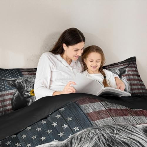 Feelyou Highland Cattle Bedding Set Sunflower Highland Cow Comforter Set for Kids Boys Girls America Flag Bull Comforter Animal Quilt Set 1 Comforter Set with 2 Pillowcases Full Size