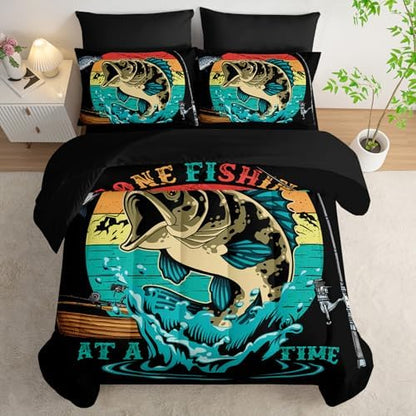 Nttopship Big Pike Fish Comforter Set Full Size 7 PCS,Bass Fishing Comforter Set for Boys Girls Children Fishing and Hunting Room Decor,Microfiber Lightweight All Season