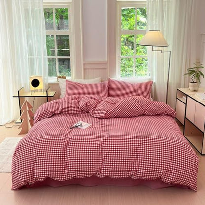LifeTB Queen Comforter Set Red Gingham Comforter Modern Style Plaid Boho Comforter Set 3 Pieces Fluffy Grid Checkered Comforter with 2 Pillowcases Farmhouse Gingham Bedding Set Queen Size
