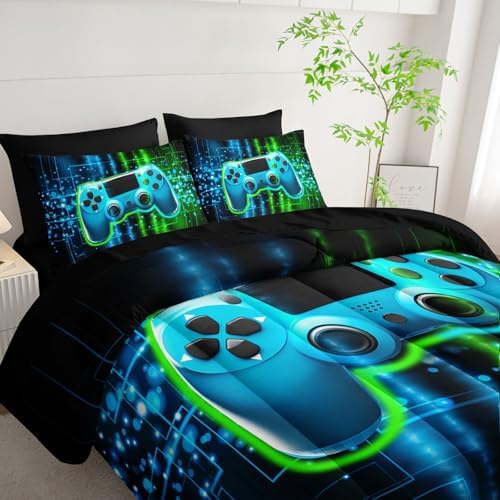 7pcs Gamer Comforter Set 3D Gamepad Printed Bedding Set with 1 Comforter, 1 Flat Sheet, 1 Fitted Sheet and 4 Pillowcases for Boys and Girls Bedroom (Gamepad King