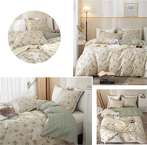 LifeTB Boho Floral Duvet Cover Full Cotton Aesthetic Floral Bedding Sets Full Vintage Garden Floral Comforter Cover Beige Sage Green Floral Botanical Duvet Cover with Zipper Closure 4 Ties