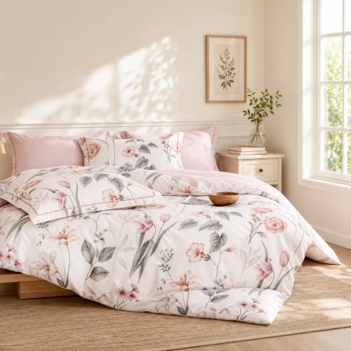 Queen Comforter Set 3 Pieces, 100% Cotton Vintage Cream Floral Bedding Set for All‑Season, Soft Reversible Comforter with 2 Pillow Shams