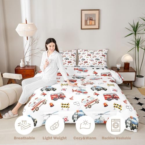 Feelyou Police Car Comforter Set Queen Size Red Fire Truck Bedding Set for Kids Boys Girls Airplane Duvet Quilt Bedroom Decor Microfiber 3 Pcs with 2 Pillow Cases