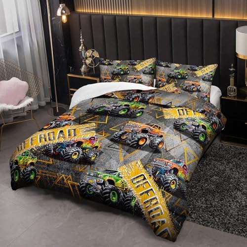 Queen Size Monster Truck Comforter Sets for Boys，Monster Truck Queen Size Bedding Sets Boys，with 1 Comforter with 2 Pillow Case，Kids Monster Truck Themed Bedroom Decor
