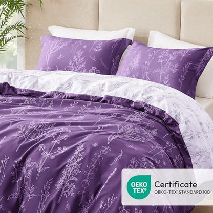 Love's cabin Dark Purple Full Comforter Set - Full Size Comforter Set, 3 Pieces Cute Floral Bedding Sets for All Seasons,1 Soft Reversible Botanical Flowers Comforter and 2 Pillow Shams
