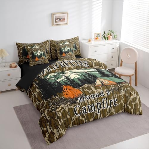 Erosebridal Camouflage 7 Piece Comforter Set Twin Kids Camo Camping Bed in A Bag Rv Campsite Camper Bedding Sets for Kids Boys Girls Military Style Army Green Wild Room Decor Sheet Set with Comforter