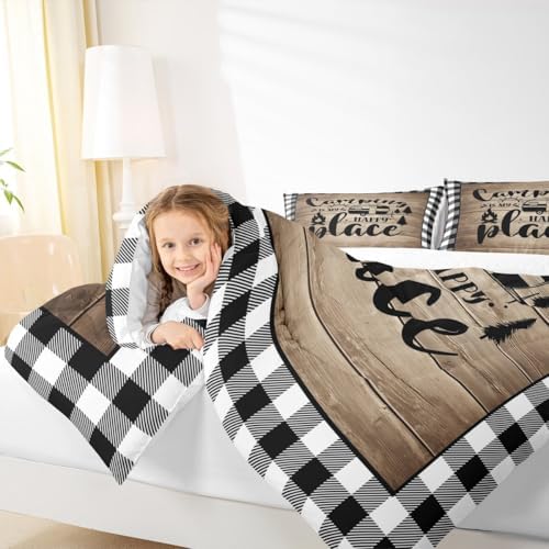 Happy Camping Comforter Set Full Size,Camper RV Trailer Decor Bedding Set 3pcs for Kids Boys Girls Adults,Rustic Wooden Plank Geometric Grids Down Comforter,Brown Retro Duvet Insert,2 Pillowcases