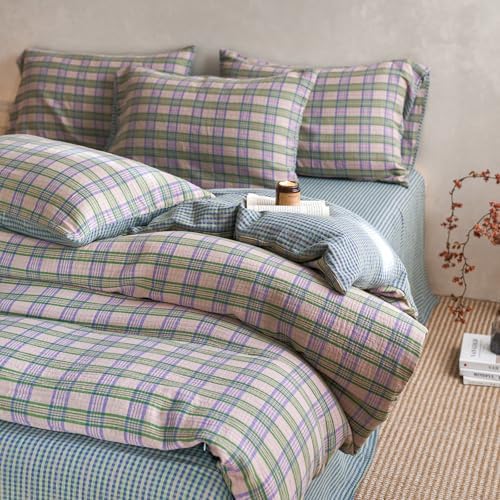 Vintage Buffalo Plaid Gingham Duvet Cover King 100% Cotton Muslin Duvet Cover Retro Green&Pink&Purple Plaid Checkered Comforter Cover with 2 Pillowcases Breathable Gauze Grid Gingham Bedding Set