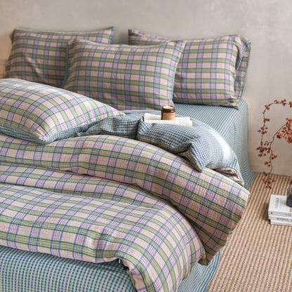 Vintage Buffalo Plaid Gingham Duvet Cover King 100% Cotton Muslin Duvet Cover Retro Green&Pink&Purple Plaid Checkered Comforter Cover with 2 Pillowcases Breathable Gauze Grid Gingham Bedding Set