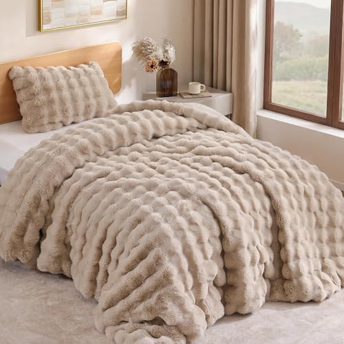 YIKUSH Twin Faux Fur Soft Comforter Set, Fluffy Linen Rabbit Fur Comforter