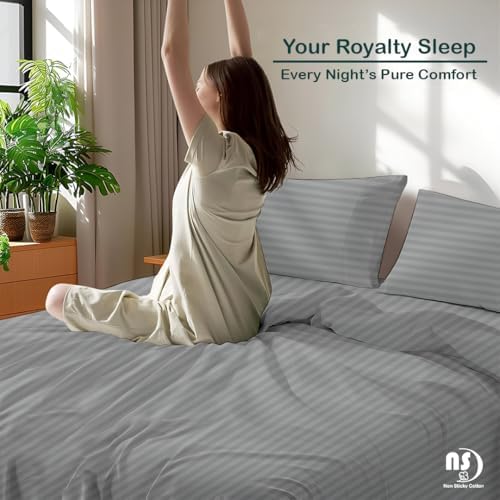 NON Sticky cotton Full 4 Piece Sheet Set, 100% Long Staple Cotton, Soft Cooling Hotel Luxury Bedding Sheets, Deep Pocket Fits 10" to 18" Mattress, 54" x 75", Light Grey Stripe