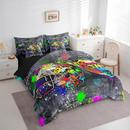Erosebridal Graffiti Rugby Ball Queen Bedding Set - Colorful Rugby Helmet Bed in A Bag,Sports Comforter Sets with Sheets, Football Game 7 Pieces Bed Set Bedroom Decor